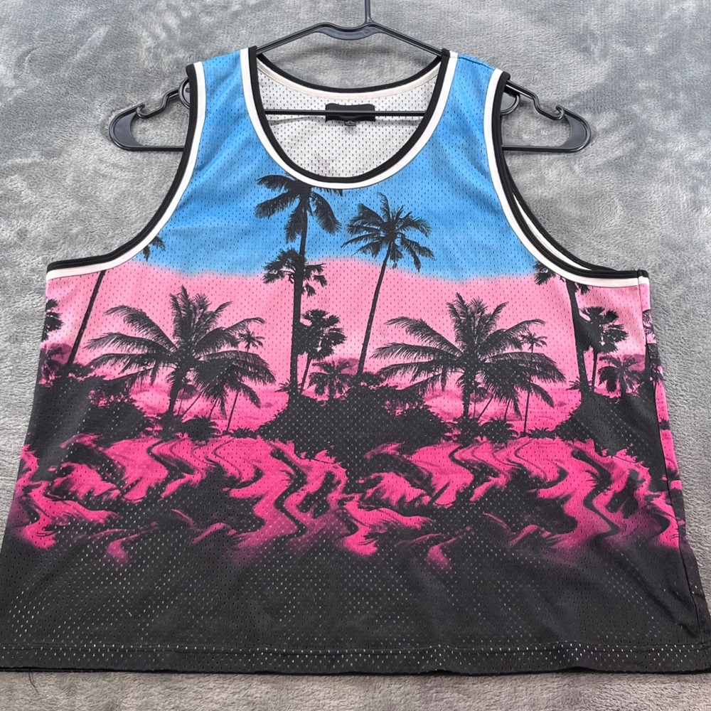 No Boundaries Mens 2XL Mesh Basketball Tank Top Palm Tree Sunset Vaporwave Pink